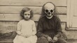 © master1305 - Young girl in white dress sits beside figure in skull mask, their eerie expressions contrasting starkly against the weathered wall behind them.