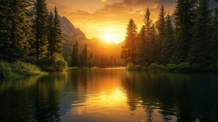 Wall Mural - Tranquil forest lake scene amidst majestic mountains, bathed in golden hues of sunset or sunrise. Lush trees line the banks, creating a picturesque natural sanctuary.