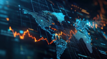 Futuristic global map with data visualization and line graph, representing digital economy and market trends in technology.