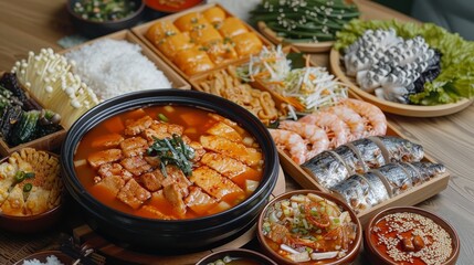 A Spread of Vietnamese Food with a Spicy Stew in the Center