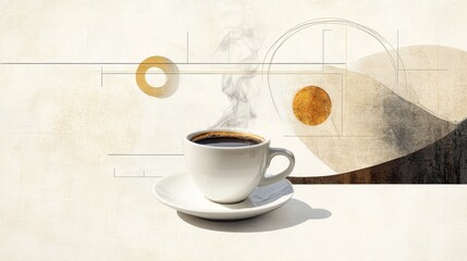 Poster - Steam Rising from Cup of Coffee on Minimalist Background - A white coffee cup with steam rising from it sits on a white saucer against a minimalist background of subtle lines and muted colors, symboli