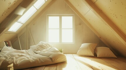 Wall Mural - A cozy attic space with a bed and pillows bathed in warm sunlight streaming through a window, creating a serene and inviting atmosphere.