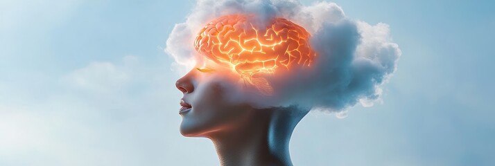 Poster - Thinking Outside the Box: A Conceptual Image of the Brain in the Clouds - A woman gazes upward, a glowing brain inside a cloud above her head symbolizing innovation, imagination, creativity, inspirati