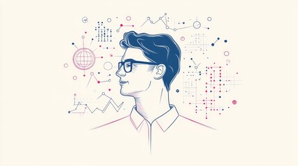 Poster - The Visionary Thinker: Connecting Ideas and Innovation - A man in profile, wearing glasses, gazes towards a network of lines and dots representing data and connections. It symbolizes global thinking, 