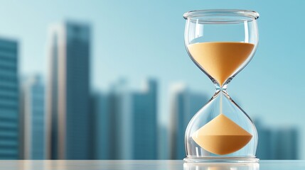 Poster - Time Management Concept with Hourglass and City Skyline - An hourglass with sand running through it in front of a blurred city skyline, symbolizing time, urgency, deadline, business, and productivity.
