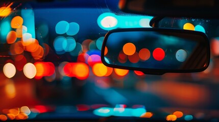 colorful bokeh lights reflected in a car's rearview mirror at night, evoking a sense of city ambianc