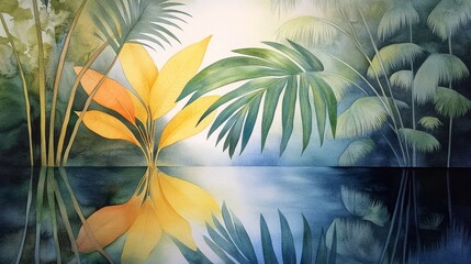 Poster - Tranquil Reflection of Tropical Paradise - A serene watercolor painting depicting lush green foliage reflecting in a still body of water, symbolizing peace, harmony, nature, tranquility, and serenity.