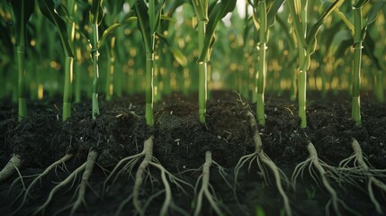 Wall Mural - A close-up view of healthy corn plants with visible roots showcases robust growth and fertile soil under bright light.