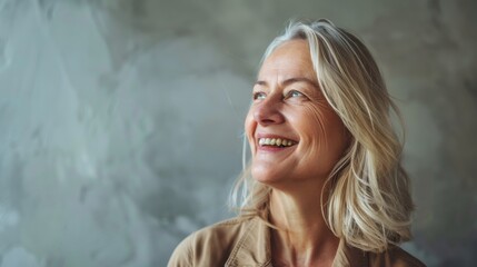 Sticker - A joyful woman with silver hair smiles warmly, bathed in soft light against a textured wall, emanating a sense of contentment and peace.