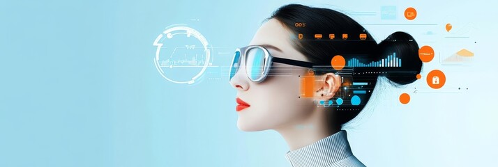 Woman Wearing Smart Glasses with Augmented Reality Interface - A woman wearing futuristic smart glasses with an augmented reality interface, symbolizing technology, innovation, progress, future, and d