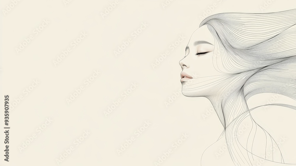 Woman with Long Hair in Line Art Style - A minimalist line drawing of a ...