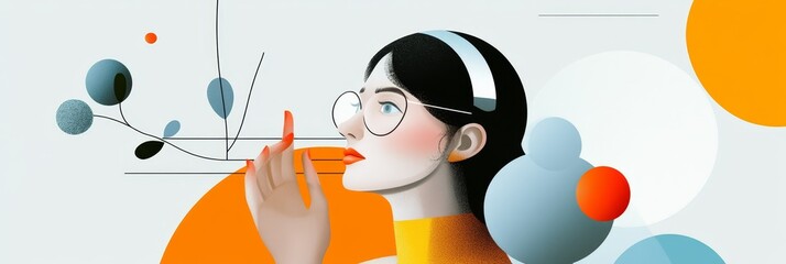 Poster - Woman with Glasses Looking at a Branch of Abstract Flowers - A woman with glasses looks intently at an abstract branch of flowers, symbolizing growth, inspiration, creativity, curiosity, and a connect