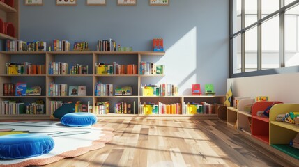 A brightly lit children's library corner with floor-to-ceiling bookshelves filled with colorful books, creating a vibrant and inviting learning environment.