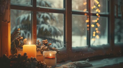 A cozy winter scene with candles burning on a window sill, a snowy landscape visible through the frosted glass.