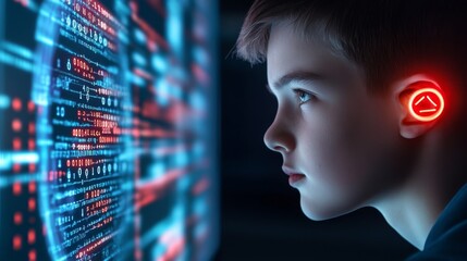 Poster - Young Boy Focused on Digital Screen with Futuristic Technology - A young boy engrossed in a digital screen, illuminated by futuristic technology, symbolizing the future of technology, innovation, digi