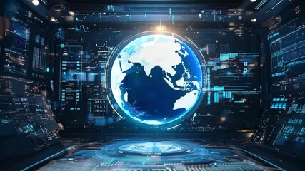 Poster - A digital interface features a glowing globe at the center, surrounded by high-tech data panels and screens.