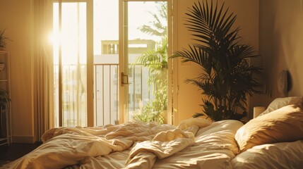 Sticker - Soft morning sunlight spills into a minimalist bedroom through large windows, casting a warm and inviting glow over a rumpled bed adorned with plush pillows.