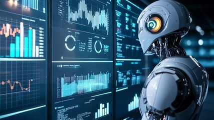 Poster - A humanoid robot studies various data visualizations displayed on a large digital screen in a high-tech lab.