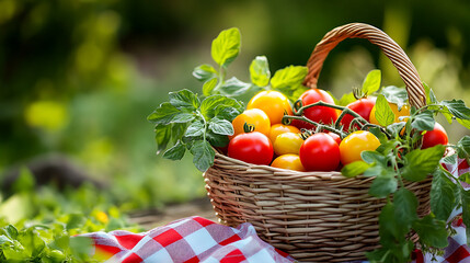 Wall Mural - summer picnic setup with a gingham border, featuring a basket of red and yellow tomatoes nestled among green leaves, all set against a natural outdoor background