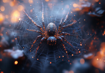 A spider is on a web with a glowing background. The spider is surrounded by a web of light and shadows, giving the image a mysterious and eerie feel