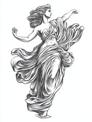 Wall Mural - Black and white Vintage engraved art of a classic statue of Aphrodite with flowing drapery, isolated on white background, ink sketch illustration, simple vector art design, highly detailed line art