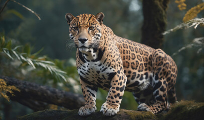 Wall Mural - a jaguar stands on a branch in a lush, green jungle