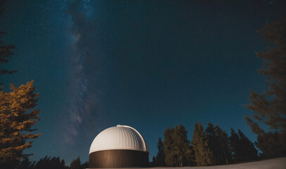 Wall Mural - The Milky Way stretches across the night sky behind an observatory, silhouetted by trees