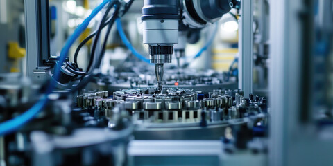 Poster - Robotic arm working on part of a car engine in a futuristic factory, showcasing the advancements of automation in manufacturing