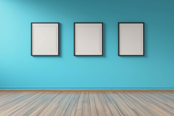 Three empty frames of the same size on a light blue wall, wooden floor. Minimalistic room design. High quality interior. Advertising banner.