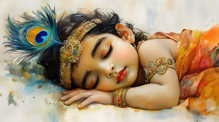 Cute sleeping baby Krishna decorated with peacock feather. Greeting card for Indian religious festival.