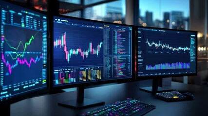 Poster - Multiple monitors show dynamic stock market charts and data in a modern office setting at dusk.