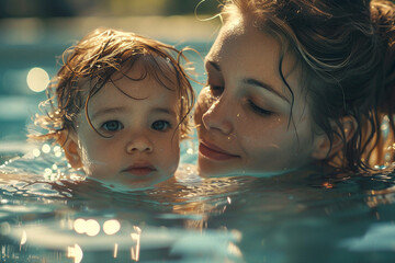 Canvas Print - AI generated picture beautiful mother swimming with small child