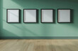 © alsu0112 - Four empty frames on a green wall, wooden floor. Minimalistic room design. High quality interior. Advertising banner.