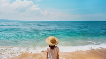 A woman in a wide-brimmed hat stands at the edge of a pristine beach, gazing out at the calm, azure ocean under a clear, blue sky.