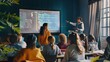 © VK Studio - A classroom filled with attentive students engaging in a coding lesson as the teacher explains on a large projection screen.