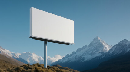 Blank white billboard mockup in front of mountain range with snow-capped peaks and clear blue sky