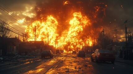 A devastating scene unfolds as an uncontrollable blaze consumes buildings along a city street under an ominous orange sky.