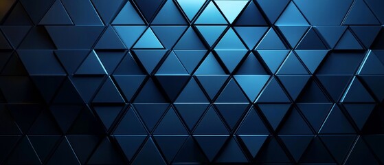 Poster - Futuristic technology digital concept background banner website illustration, 3d texture - Dark blue black abstract background with glowing triangular triangles geometric glowing shiny