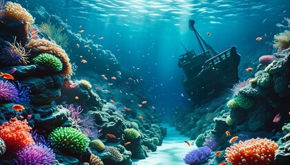 Underwater scene wallpaper with a large, sunken flotsam in the background