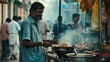 © VK Studio - A smiling street vendor preparing food at a lively market with aromatic steam rising around.