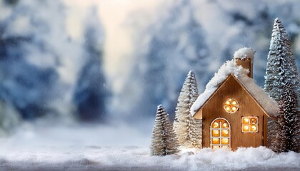 christmas house in winter snowy forest. holiday christmas ornament decoration, Copy space. banner and poster