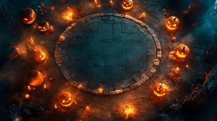 illustration, Aerial shot of a mystical Halloween ritual circle, with glowing orange runes, flickering candles