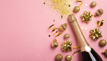 Champagne bottle and golden decoration on pink background 