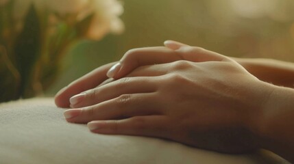 Poster - Soft hands rest peacefully on a cozy surface, surrounded by a blurred bouquet of flowers. The warm light enhances the serene atmosphere, inviting tranquility
