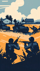 An intense battle scene unfolds in a stylized illustration, with soldiers and tanks engaged in combat on a golden field