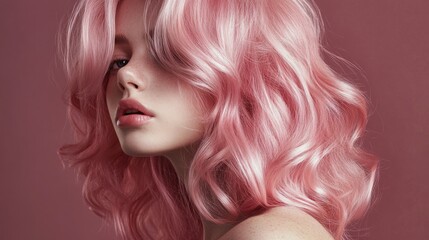 Poster - A woman with luscious pink hair styled in soft waves poses effortlessly against a pastel pink backdrop.