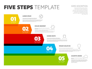 Poster - five steps progress procedure infochart template with descriptions icons titles and big numbers on s
