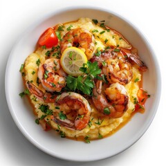 Wall Mural - A bowl of delicious shrimp and grits, topped with a squeeze of lemon and fresh parsley.