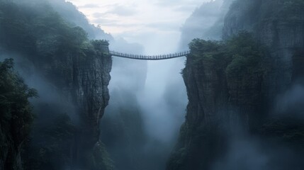 A bridge connecting two cliffs with the feel of an enchanting natural landscape