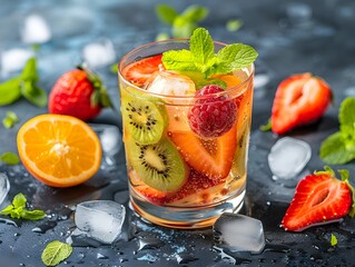 Poster - Refreshing fruit cocktail with strawberries, kiwi, and mint served in a glass with ice cubes on a textured blue background